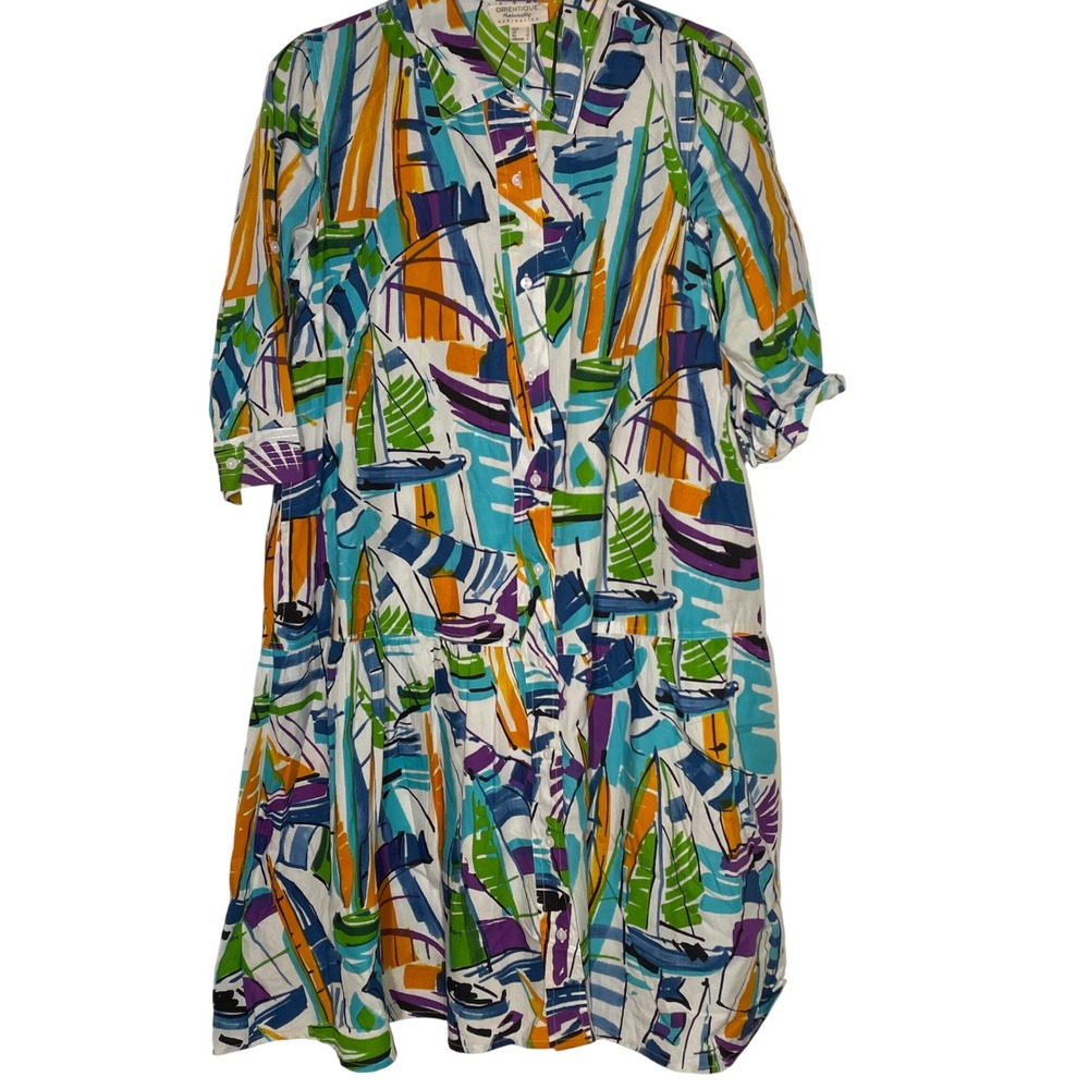 Orientique Naturally Australian Organic Cotton Abstract Shirt Dress SM Oversized